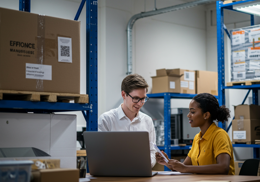 Efficient warehouse with well-organized inventory shelves representing successful back-to-school operations