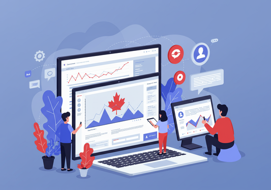 Canadian e-commerce market growth visualized with a map of Canada overlaid with e-commerce trends, representing noryX's role in local success.