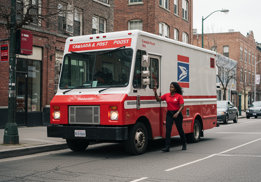 Canada Post Delivery Truck delivering packages, representing the nationwide reach and reliability of Canada Post for Canadian businesses.