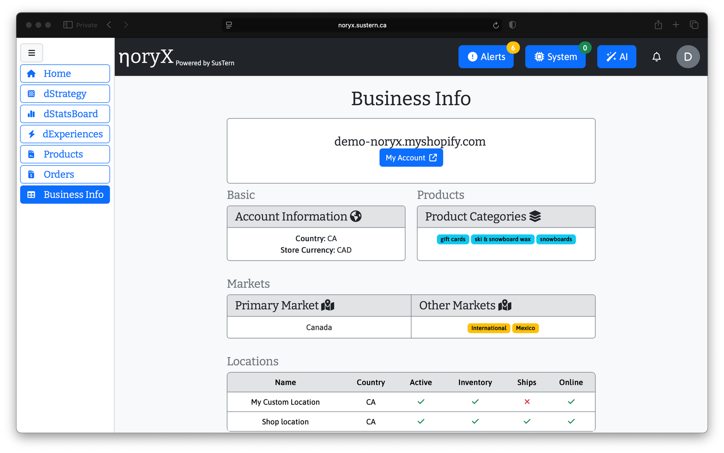 Noryx Business Info: Account Details, Product Categories, Markets (Canada, Mexico), and Location Settings