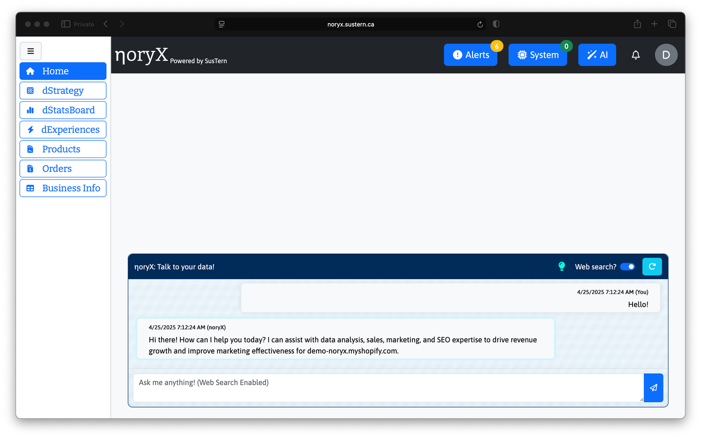 Noryx.sustern.ca dashboard: AI chat interface, website logo, alerts, data analysis tools.