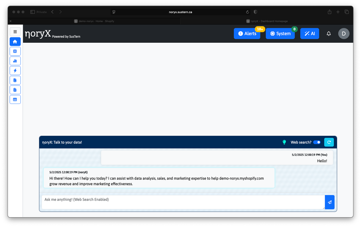 noryX Data Analysis Platform: Chat Interface showcasing data analysis and AI capabilities for improved marketing effectiveness.