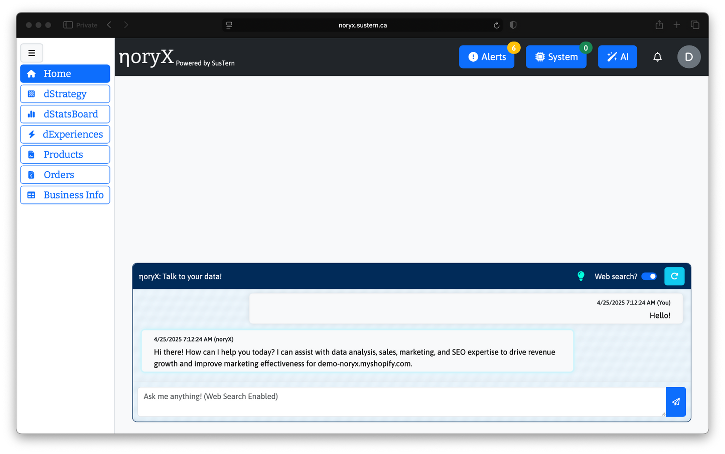 Noryx Dashboard: Business Analytics Platform with AI Assistant - Alerts, System Status, & User Profile