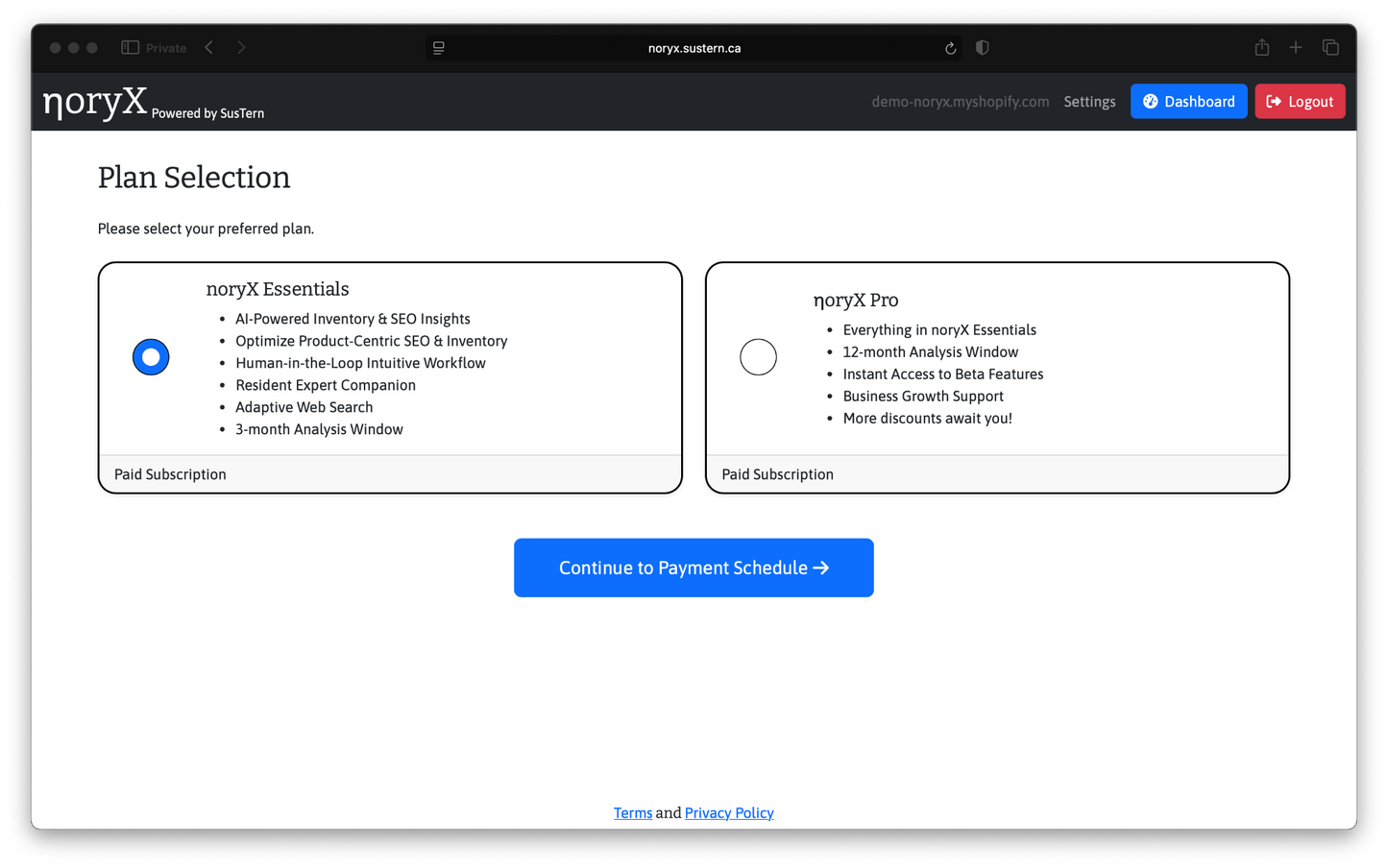 noryX Plan Selection: Choose between noryX Essentials and Pro subscription plans. Powered by SusTern.
