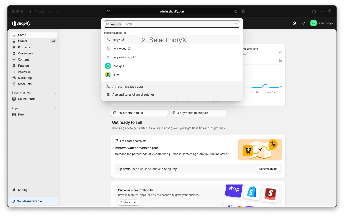Shopify Dashboard: Select noryX app for Shopify app setup. Screenshot showing noryX app installation.