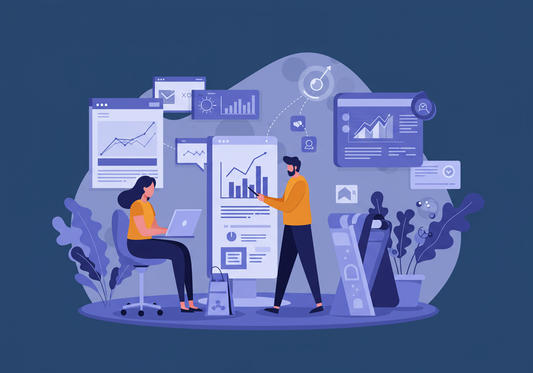 Small business owner using AI SEO tools on laptop, optimizing their e-commerce store for search engine visibility and growth.