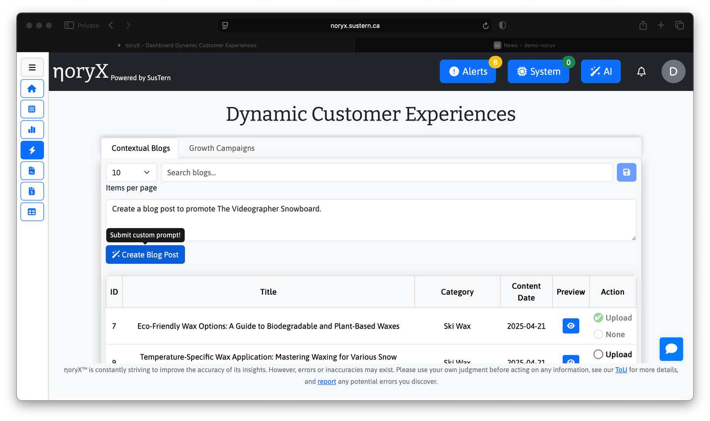 Noryx Dashboard: Dynamic Customer Experiences, Contextual Blogs, and Blog Post Creation