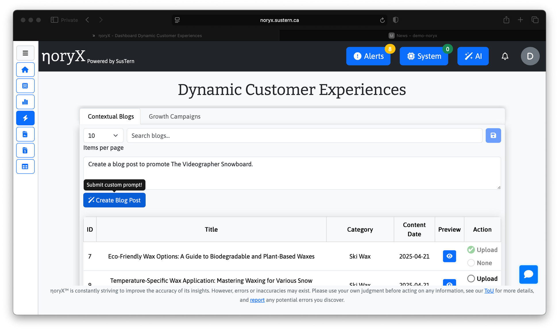Noryx Dashboard: Dynamic Customer Experiences, Contextual Blogs, and Blog Post Creation