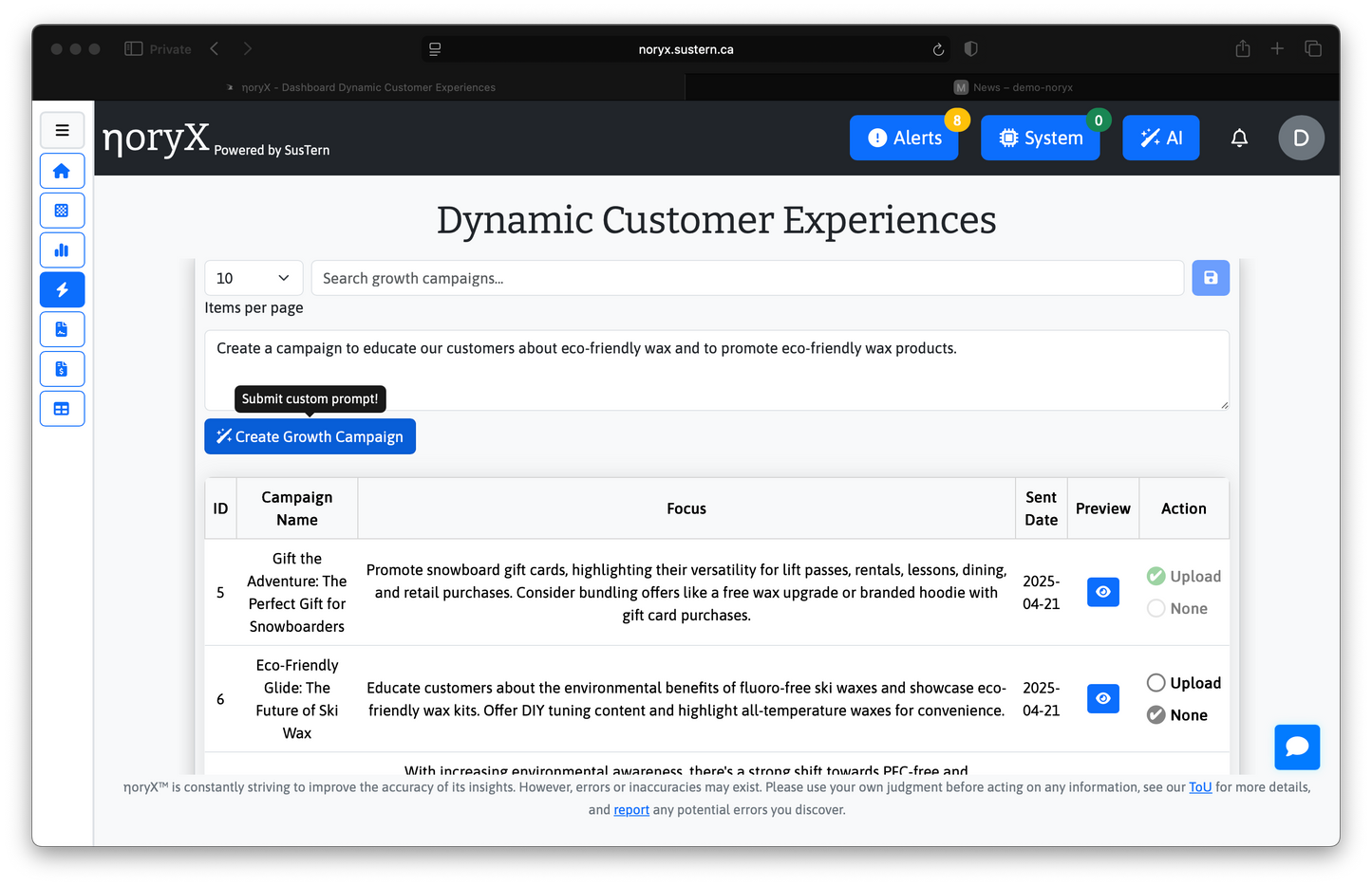 noryX Dynamic Customer Experiences Dashboard: Create & Manage Growth Campaigns - Customer Engagement Platform