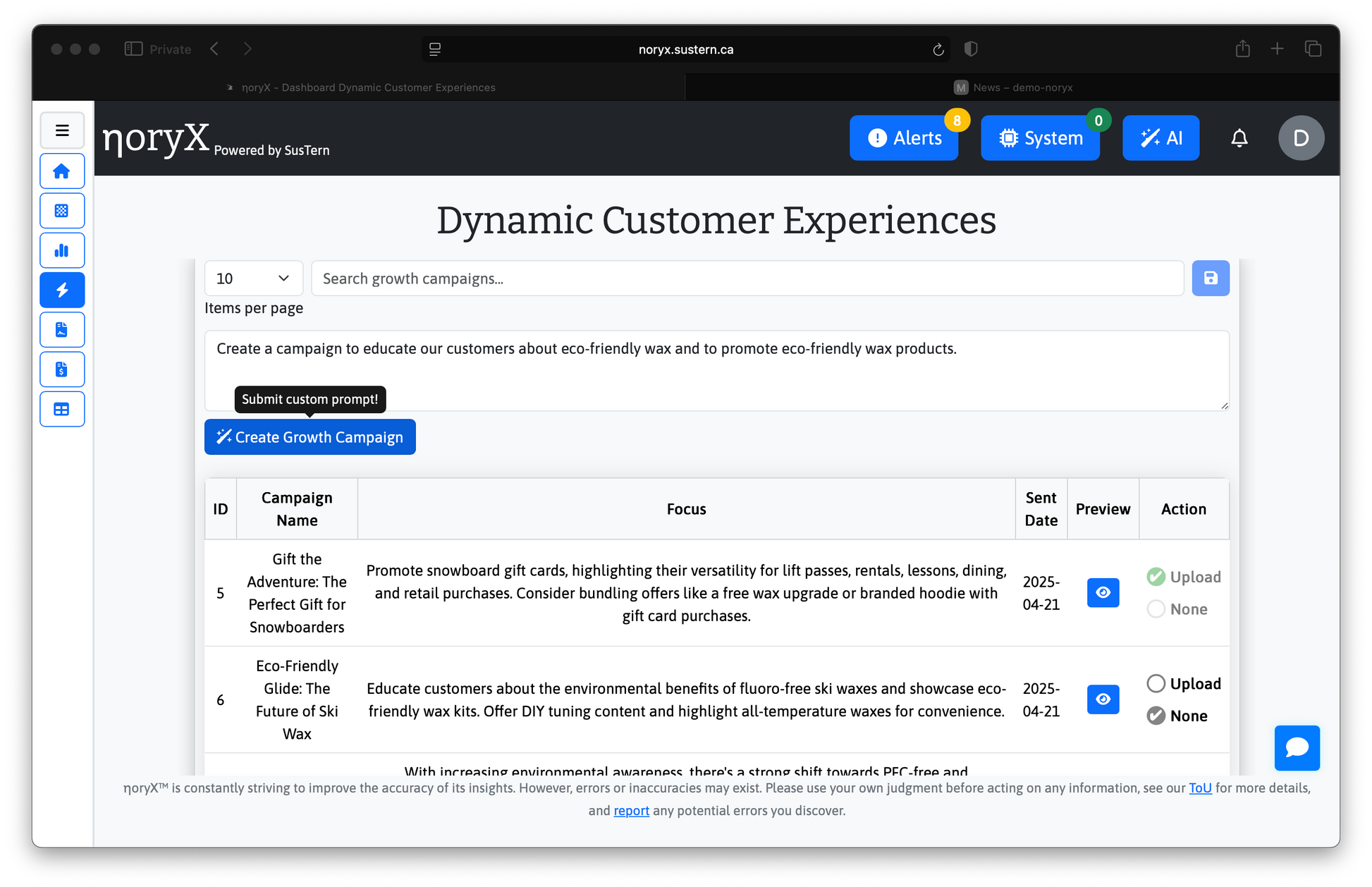 noryX Dynamic Customer Experiences Dashboard: Create & Manage Growth Campaigns - Customer Engagement Platform