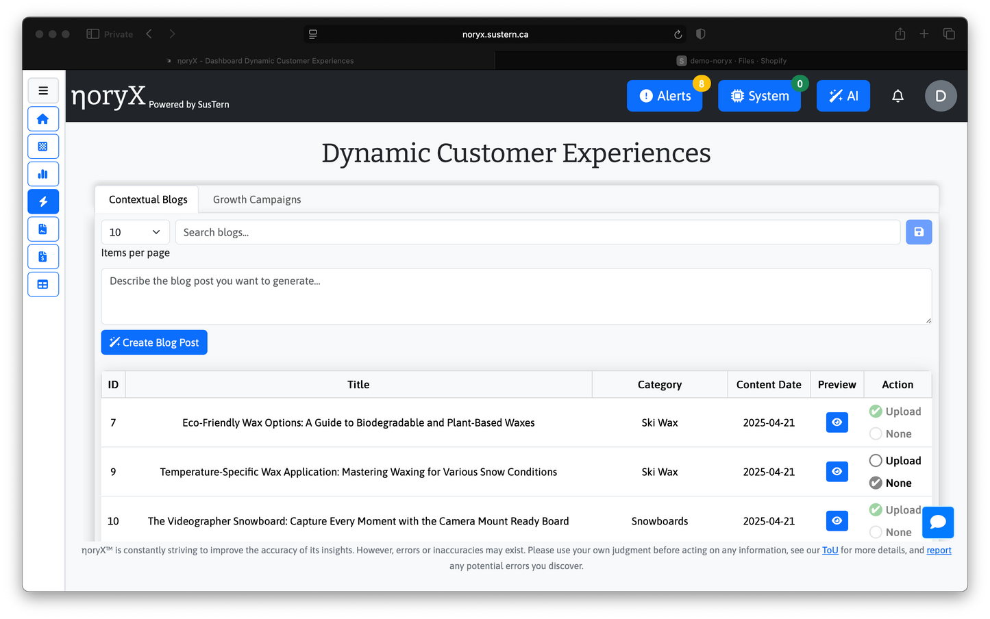 noryX Dashboard: Dynamic Customer Experiences - Manage Contextual Blogs and Optimize Customer Journeys.