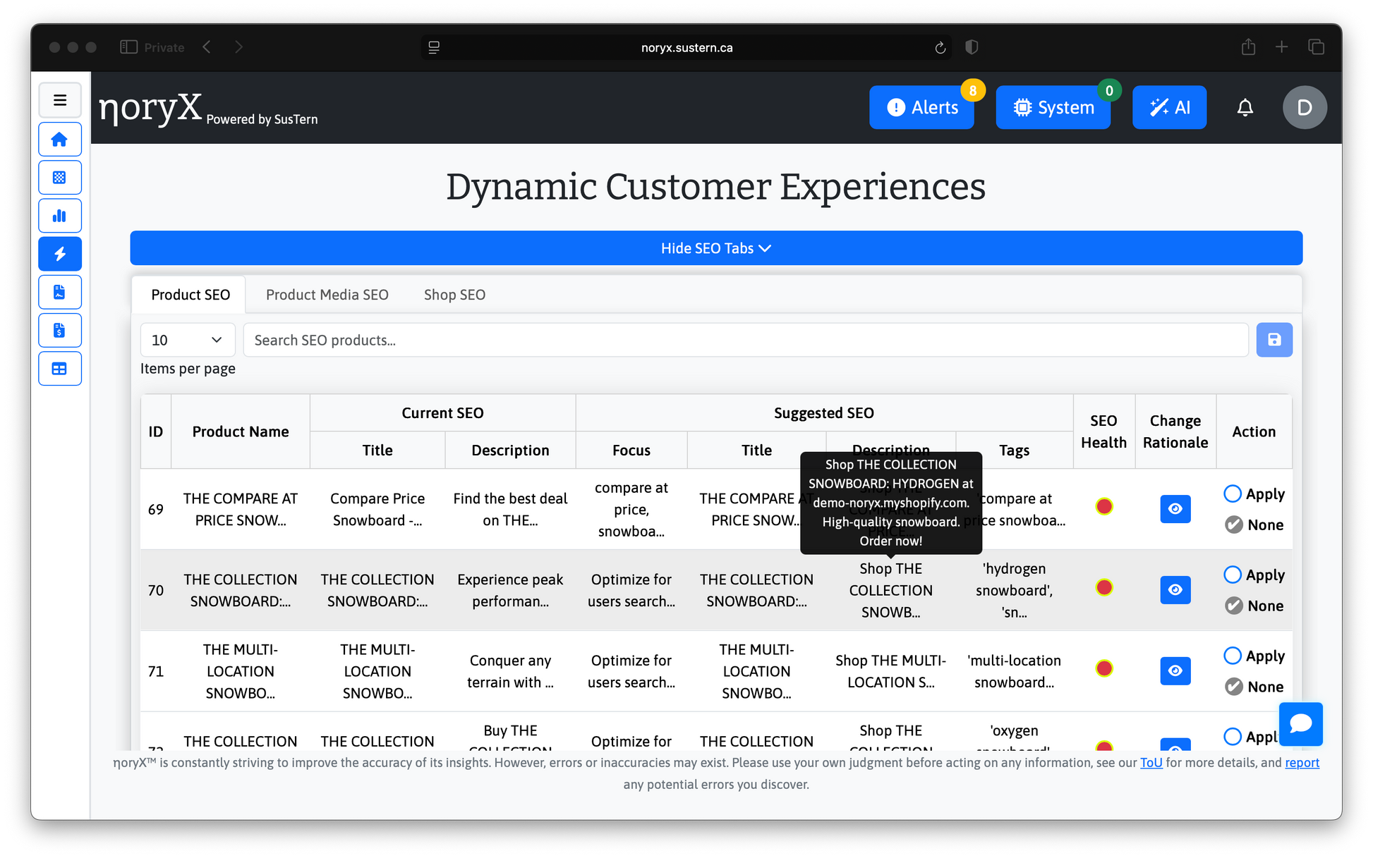Noryx Product SEO Dashboard: Optimize customer experiences for snowboard products with SEO Health and Change Rationale analysis.