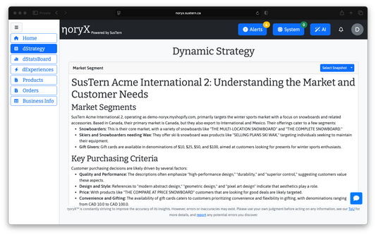 Noryx Dynamic Strategy Dashboard: Market Segment Analysis & Customer Needs insights. SusTern Acme International example.